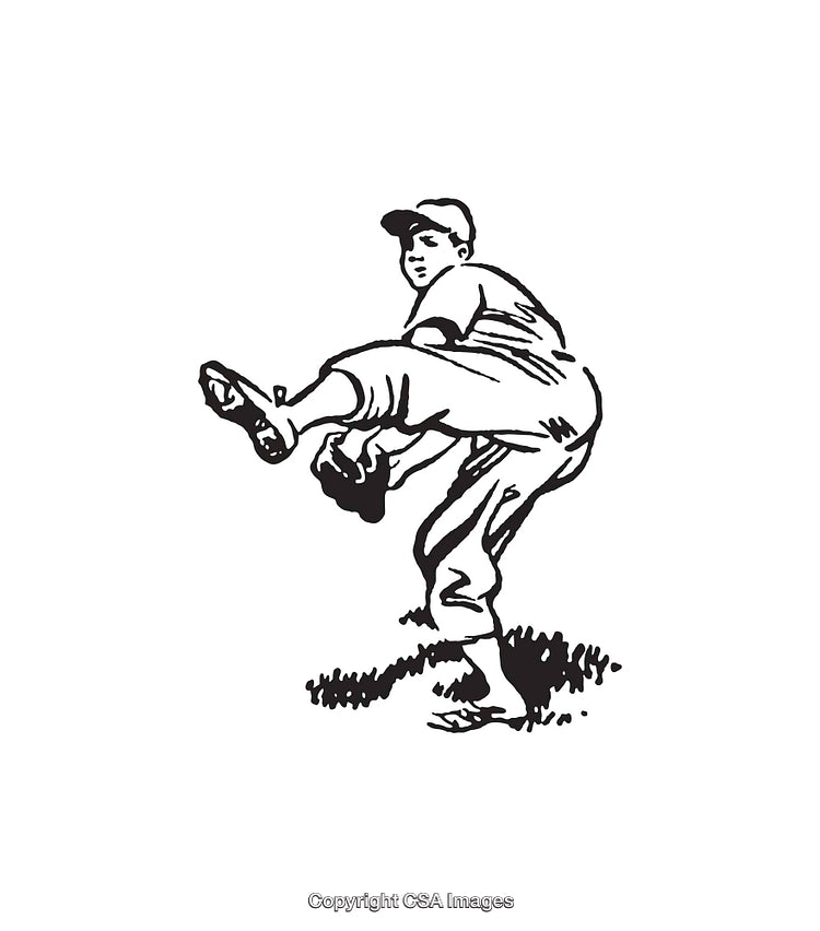Vintage Black and White Line Art of a Baseball Pitcher in Action
