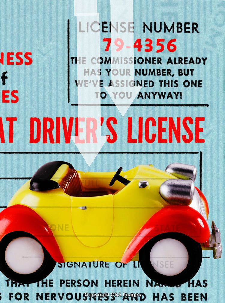 Colorful Toy Car on Vintage License-Themed Background with Text Details