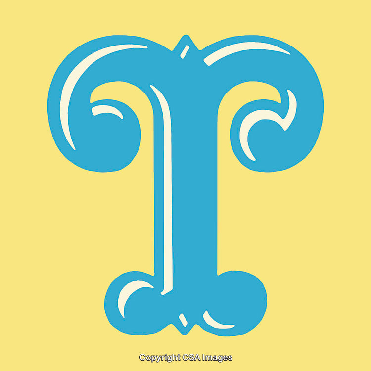 Decorative Blue Capital Letter T on Yellow Background Design