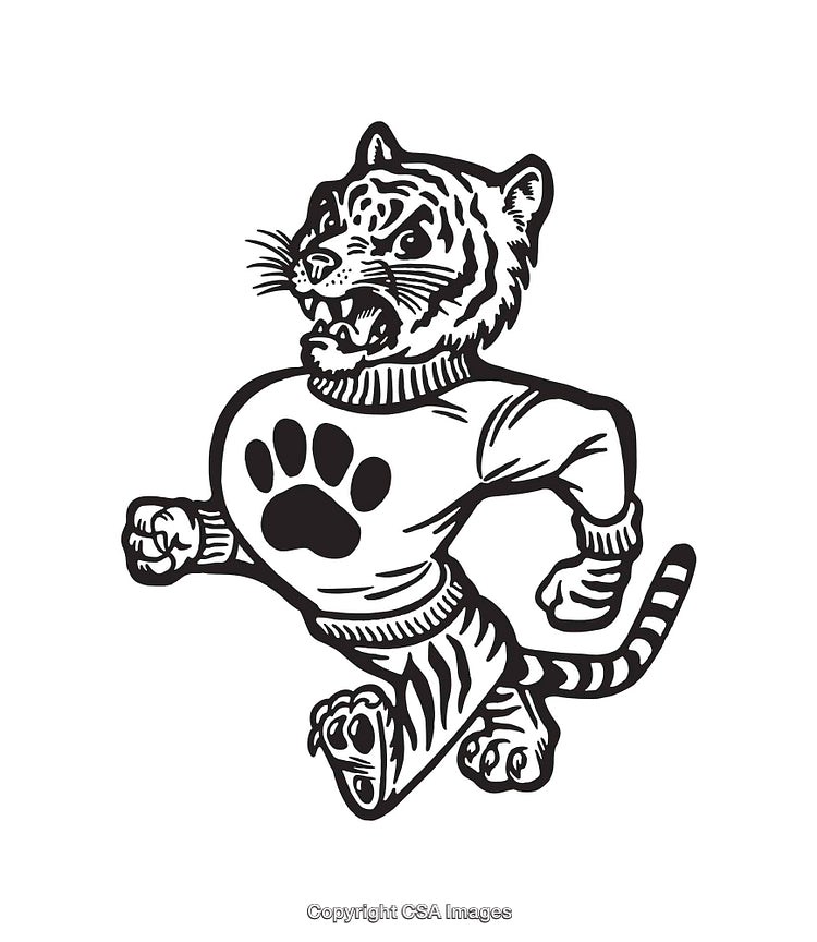 Black and White Line Art of Athletic Tiger Mascot in Motion