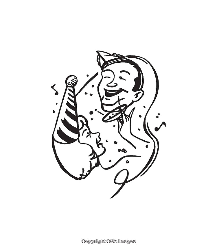 Black and White Line Art Depicting Festive Party Celebration with Masks