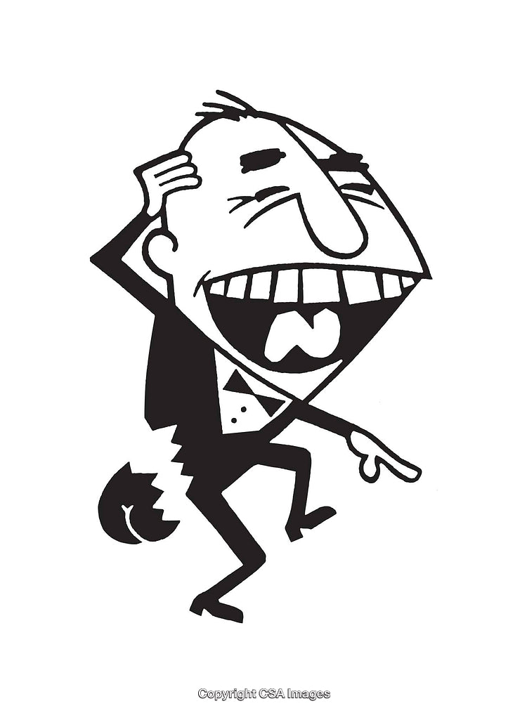 Black and White Illustration of a Laughing Character in a Suit