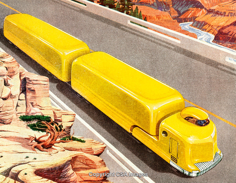Futuristic Yellow Semi-Truck Traveling on a Scenic Desert Highway