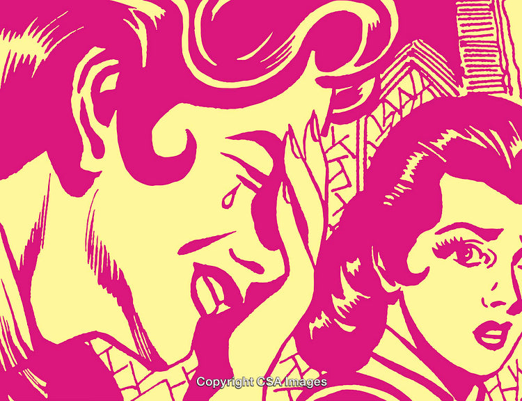 Vibrant Pop Art Illustration Featuring Dramatic Retro Characters in Vintage Style