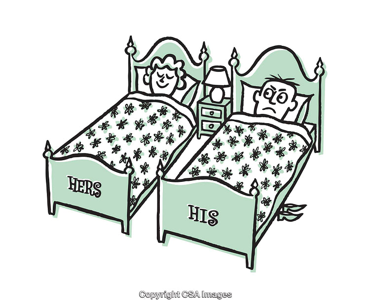 Humorous Cartoon Depiction of Separate His and Hers Beds in a Bedroom