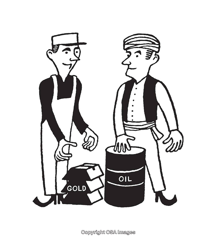 Black and White Illustration of Men Exchanging Gold and Oil Products