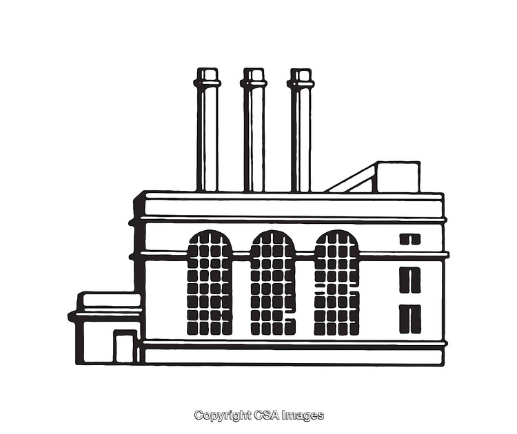 Black and White Line Art Illustration of a Factory Building with Chimneys