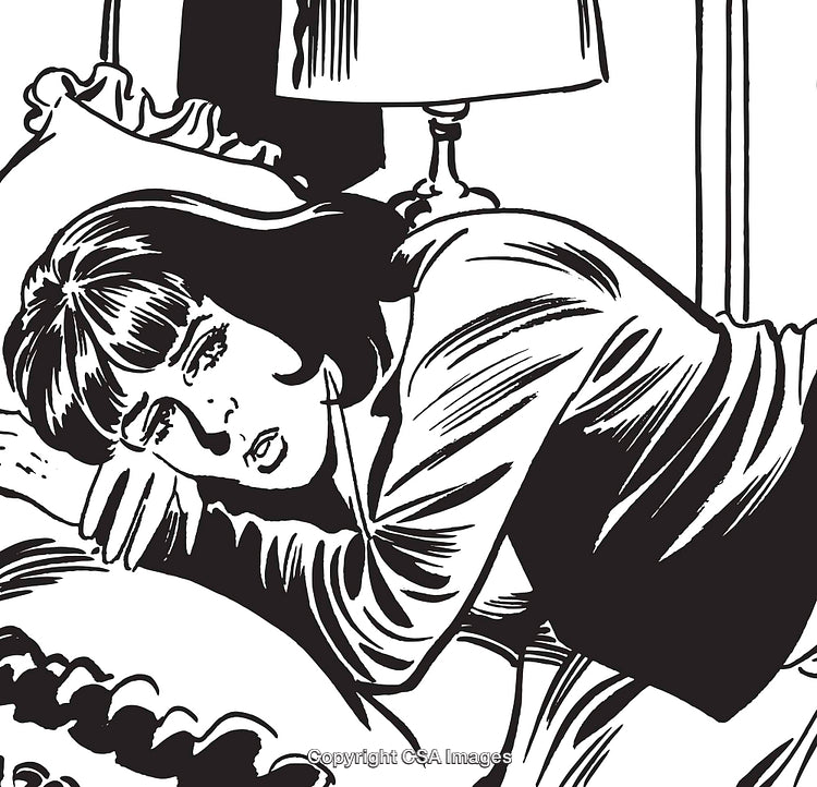Retro Black and White Illustration of a Woman in Melancholic Mood