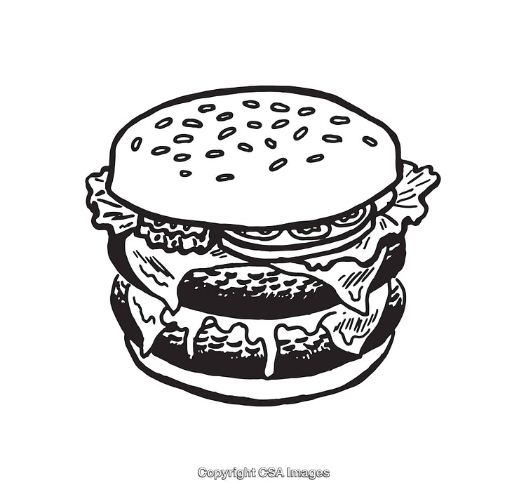 Line Art Illustration of a Juicy Burger with Cheese and Lettuce
