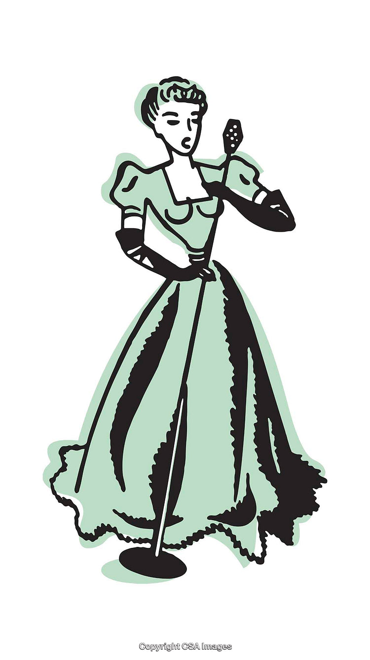 Retro Illustration of a Woman Singing in a Microphone in Green Dress
