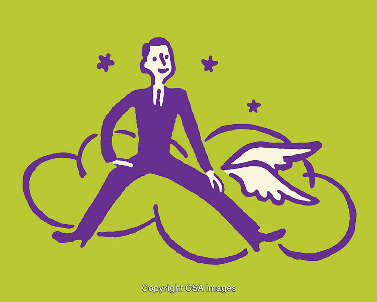 Abstract Illustration of a Flying Figure Sitting On a Winged Cloud