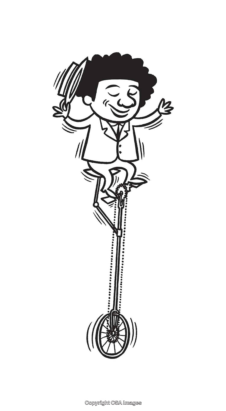 Cartoon Performer Balancing on a Tall Unicycle in Black and White Line Art