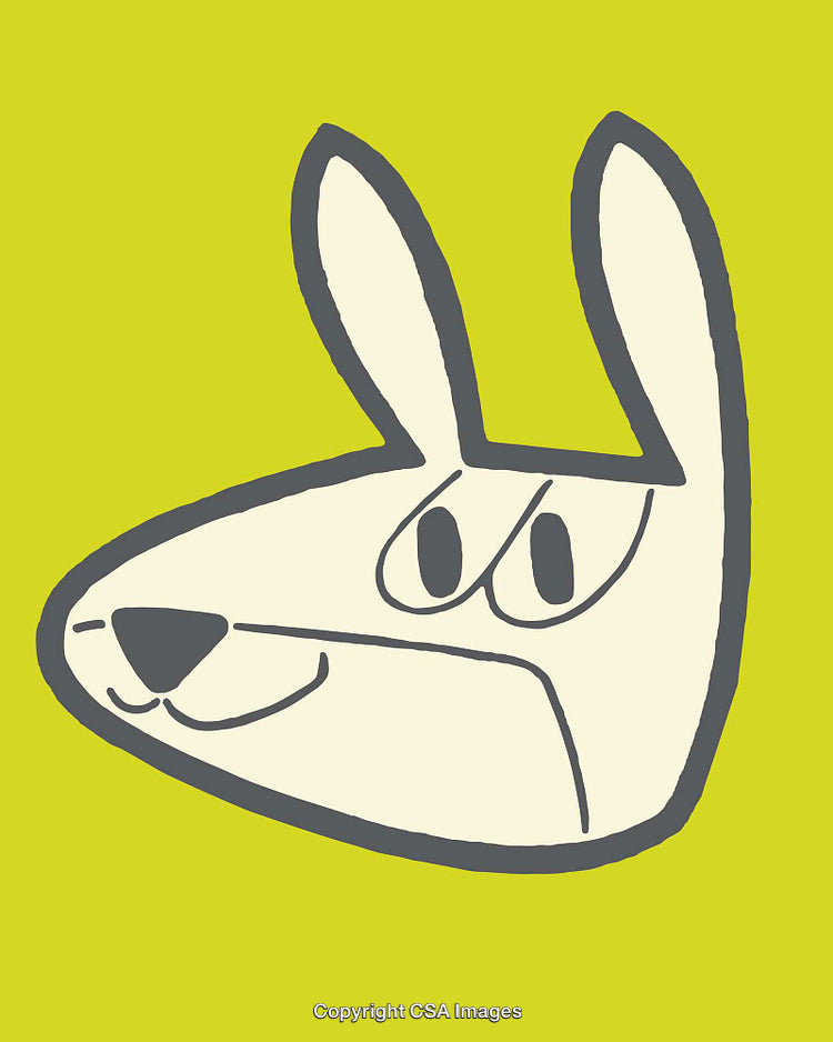 Playful Cartoon Illustration of a Rabbit's Face on Bright Green Background