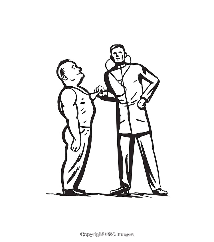 Black and White Line Art of Two Men Interacting with Tension