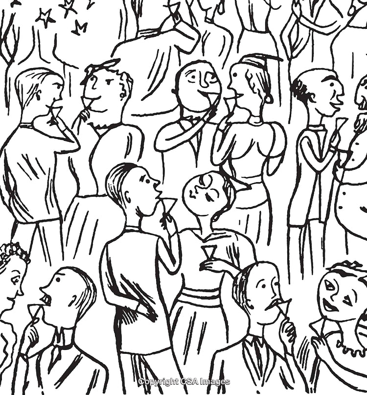 Hand-Drawn Social Scene in Black and White Line Art