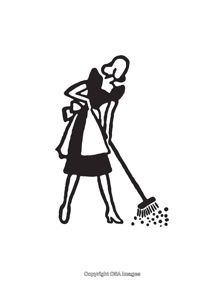 Black and White Illustration of a Woman Sweeping with a Broom