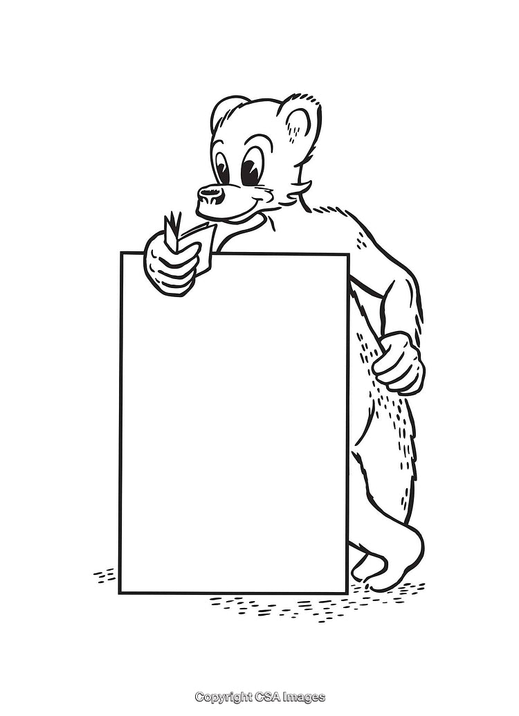 Black and White Line Art of a Bear Holding a Blank Sign