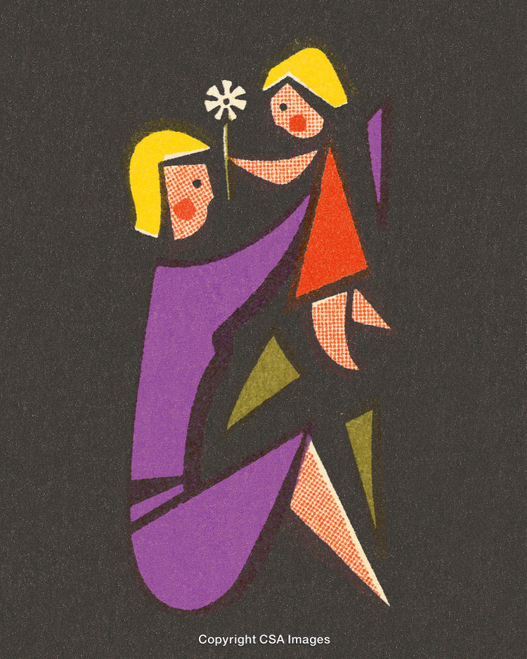 Artistic Representation of Two Figures Sharing a Flower in Graphic Style