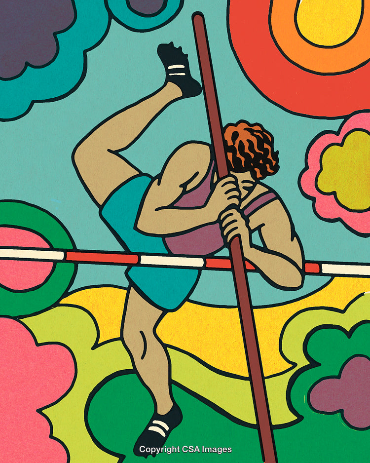 Colorful Illustration of Pole Vault Athlete in Mid-Jump with Vibrant Background