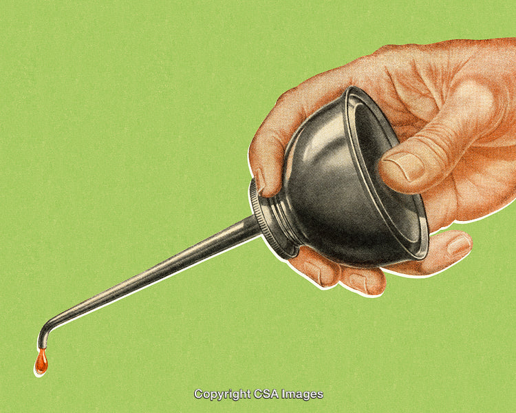 Vintage Illustration of a Hand Holding a Metal Oil Canister With Drop