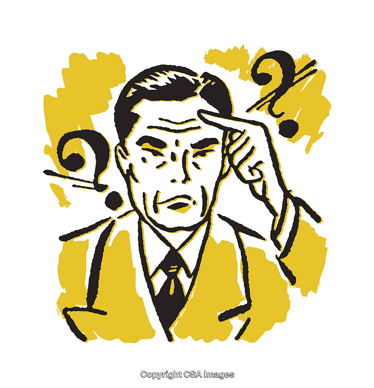 Retro Illustration of Man with Puzzled Expression and Question Marks