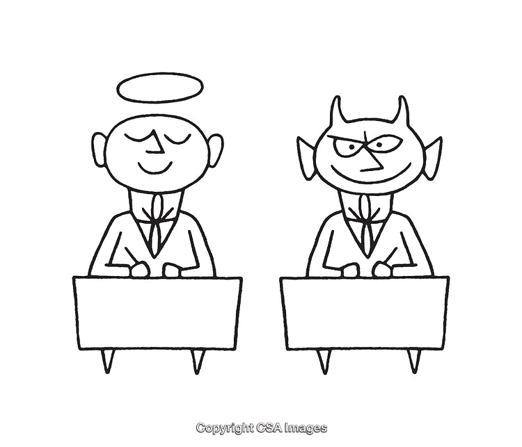 Black and White Line Art of Angel and Devil Personas in Suits