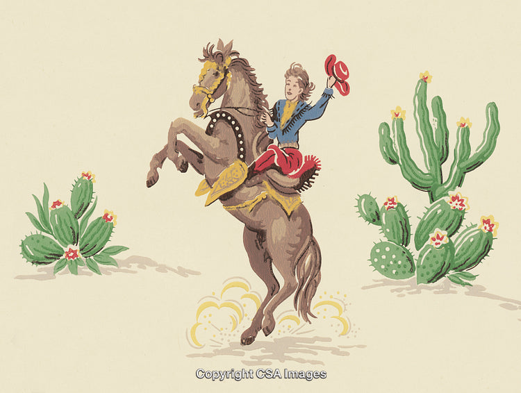 Vintage Western Illustration of a Young Cowboy Riding a Bucking Horse