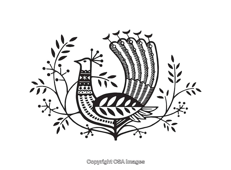 Elegant Black and White Line Art of a Stylized Bird and Foliage