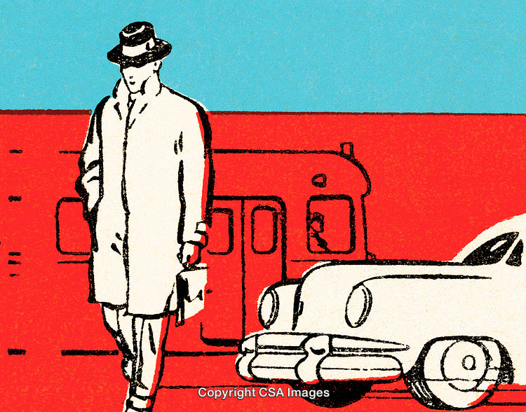 Retro Illustration of a Man in a Coat Near Vintage Vehicles