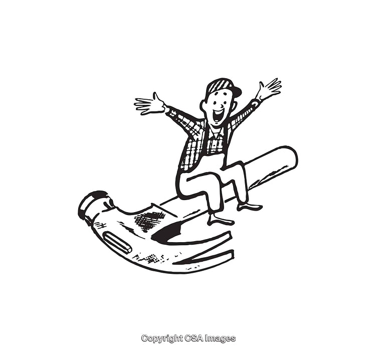 Black and White Illustration of a Man Riding a Giant Hammer