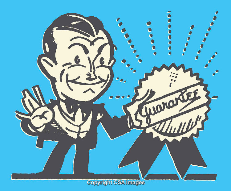 Retro Style Illustration of Man Promoting Product Guarantee in Blue and White