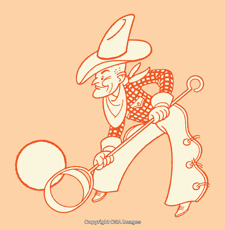 Cartoon Cowboy Illustration in Rustic Line Art Style on Orange Background