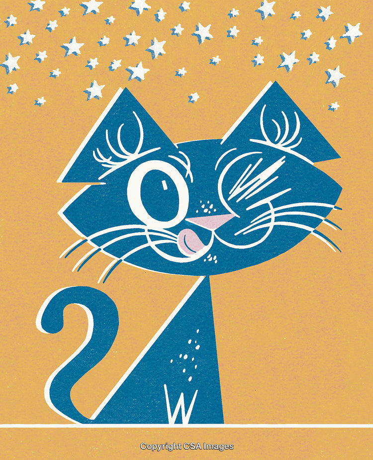 Playful Blue Cat Illustration Against a Yellow Background With White Stars