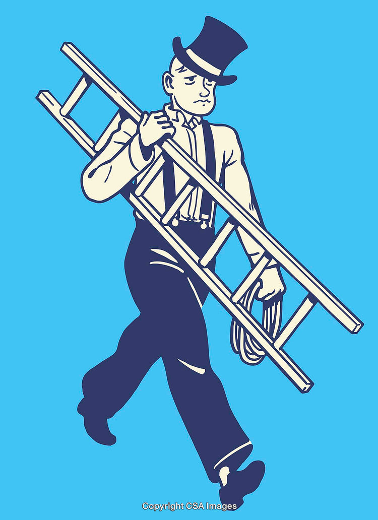Vintage Illustration of Worker Carrying Ladder with Top Hat on Blue Background