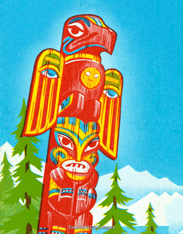 Illustrated Native Totem Pole Under a Blue Sky with Forest and Mountains