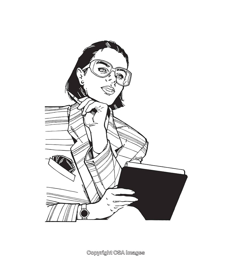 Elegant Line Art of a Woman Contemplating With Tablet in Hand