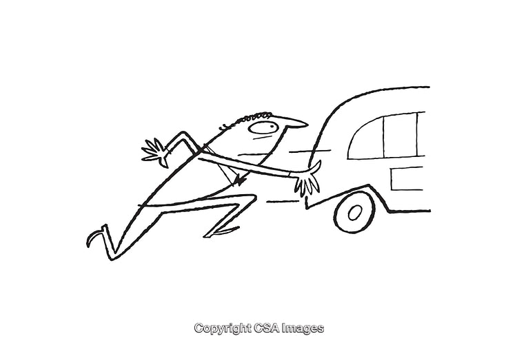 Humorous Line Art Illustration of a Man Pushing a Car
