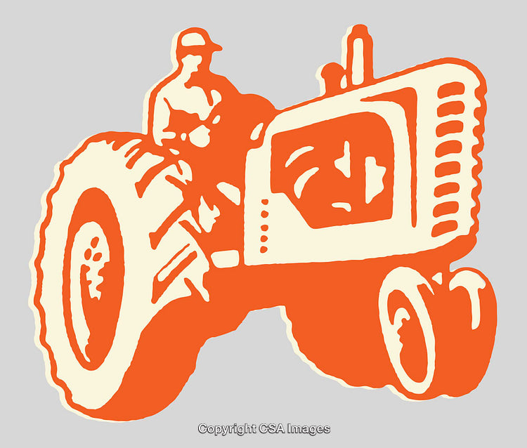 Stylized Illustration of a Farmer Operating a Tractor in Orange and White