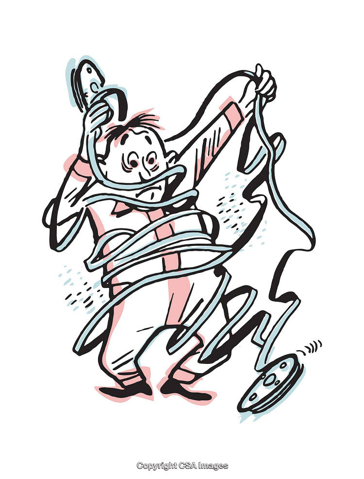 Funny Cartoon Character Tangled Up in Ribbon with Surprised Expression