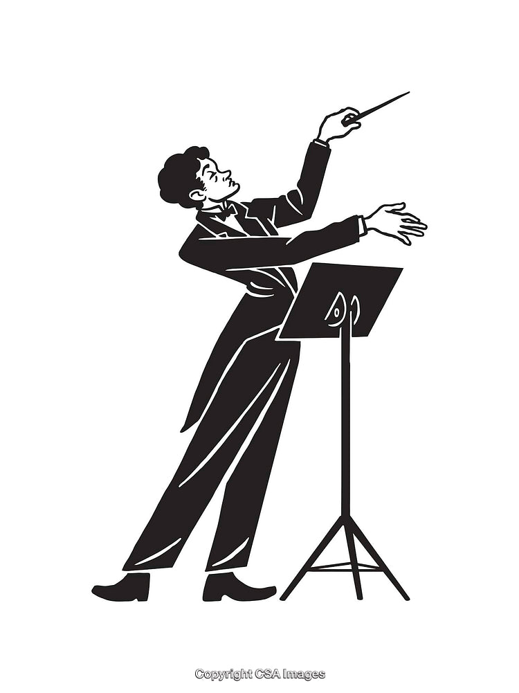 Black and White Illustration of a Maestro Conducting an Orchestra