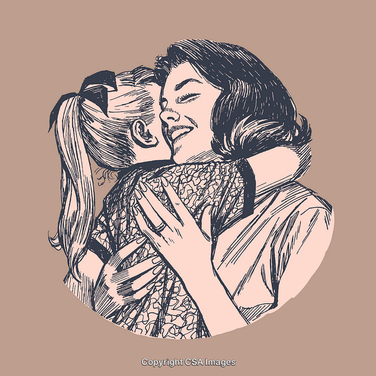Heartwarming Hug Between Mother and Daughter Captured in Line Art Illustration