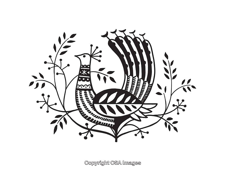 Intricate Black and White Folk Art Bird Illustration Surrounded by Delicate Plants