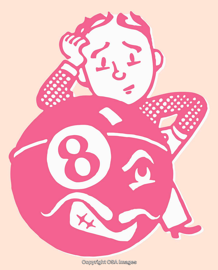 Pink Color Illustration Of Man Sitting On Angry Eight Ball