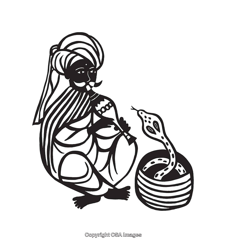 Cultural Line Art of Snake Charmer Playing Traditional Instrument