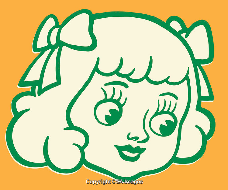 Retro Style Color Line Art Illustration of a Cute Girl Portrait