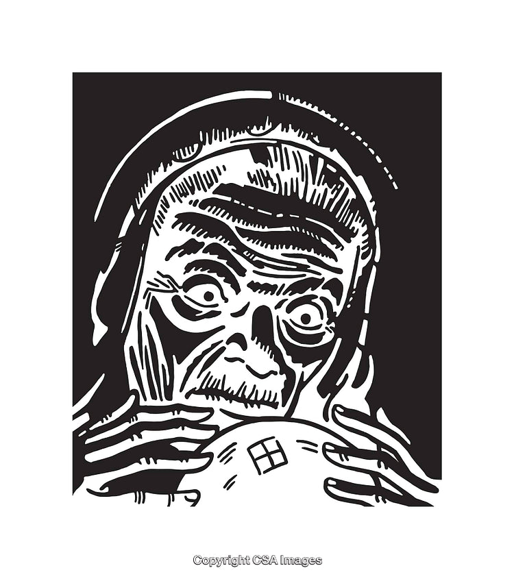 Monochromatic Illustration of a Mysterious Fortune-Teller Holding a Crystal Ball