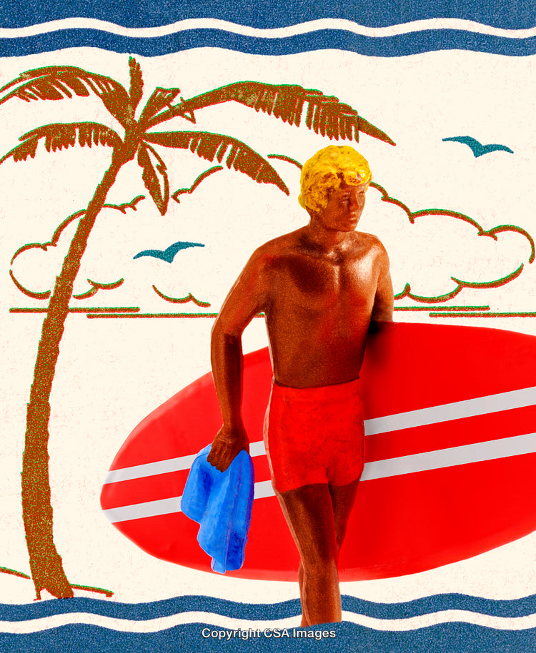 Retro Beach Scene Featuring Surfer Figure With Red Surfboard and Palm Trees