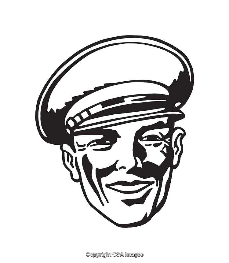 Vintage Black and White Illustration of a Smiling Man Wearing a Hat