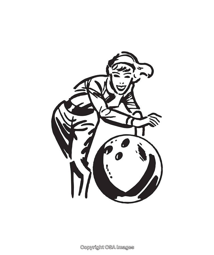 Vintage Black and White Illustration of a Woman Bowling