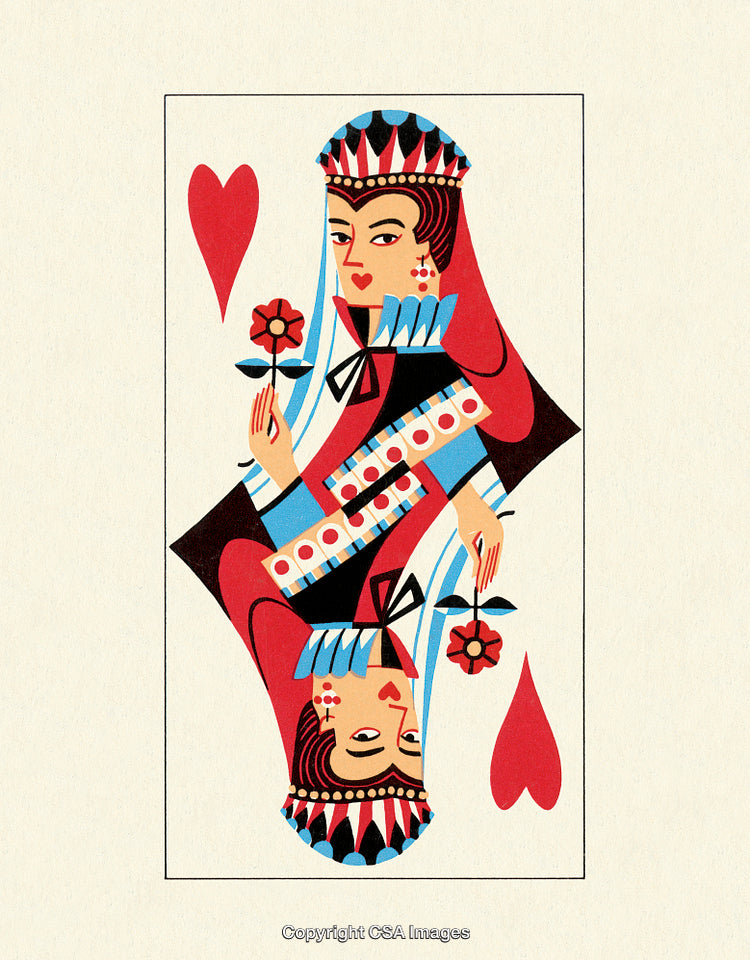 Stylized Queen of Hearts Playing Card Design with Artistic Details